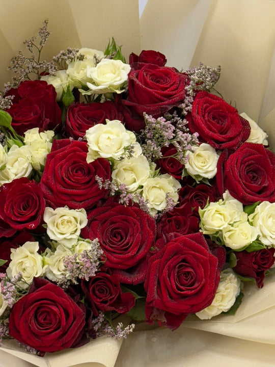 Fresh Flowers: Mix Red Roses & White Spray Roses Medley Bouquet | Daisy Florist