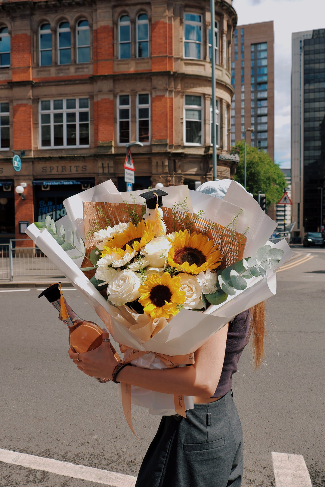 Graduation Fresh Bouquet: Mixed Sunflowers & White Flowers (Mini Teddy Bear inlcuded) | Daisy Florist