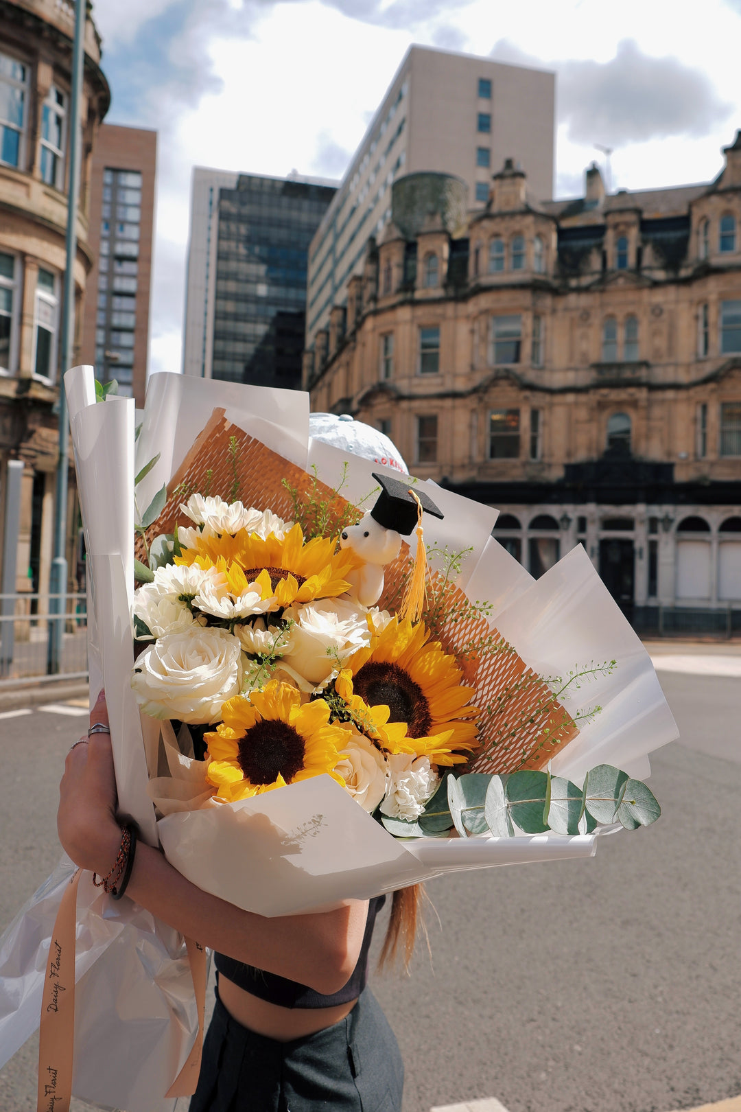 Graduation Fresh Bouquet: Mixed Sunflowers & White Flowers (Mini Teddy Bear inlcuded) | Daisy Florist