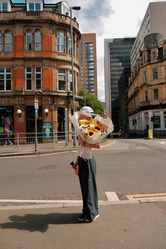 Graduation Fresh Bouquet: Mixed Sunflowers & White Flowers (Mini Teddy Bear inlcuded) | Daisy Florist