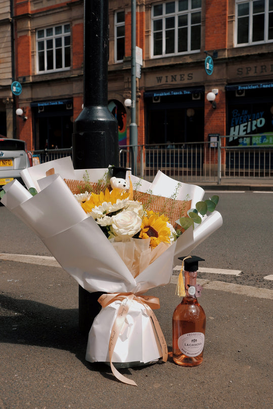 Graduation Fresh Bouquet: Mixed Sunflowers & White Flowers (Mini Teddy Bear inlcuded) | Daisy Florist