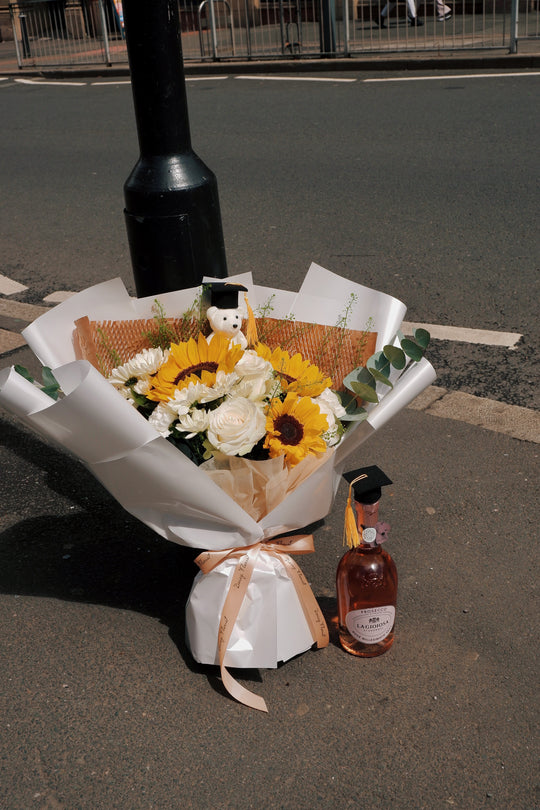 Graduation Fresh Bouquet: Mixed Sunflowers & White Flowers (Mini Teddy Bear inlcuded) | Daisy Florist