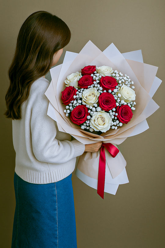 Fresh Flowers: Mix Red & White Roses and Baby's-breath Medley Bouquet | Daisy Florist