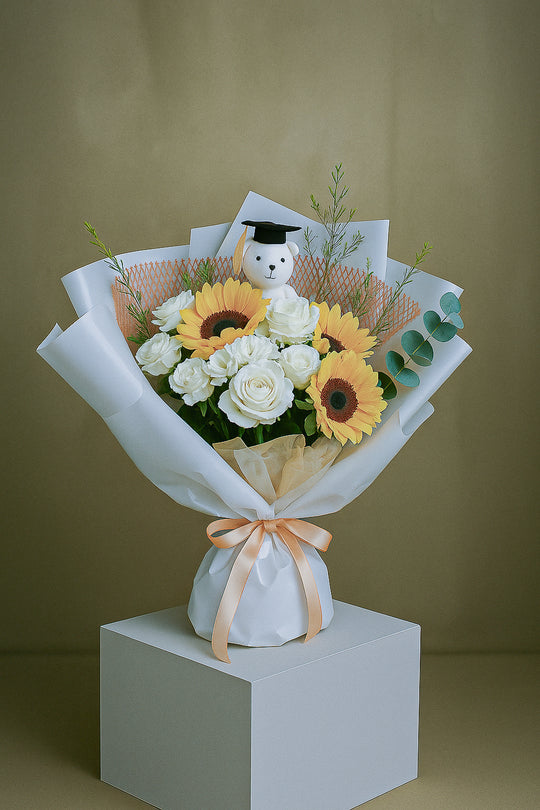 Graduation Fresh Bouquet: Mixed Sunflowers & White Flowers (Mini Teddy Bear inlcuded) | Daisy Florist