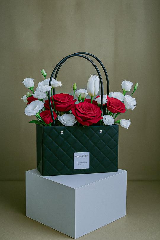 Red Roses and White Fresh Flower Mixed Arrangement in handbag | Daisy Florist
