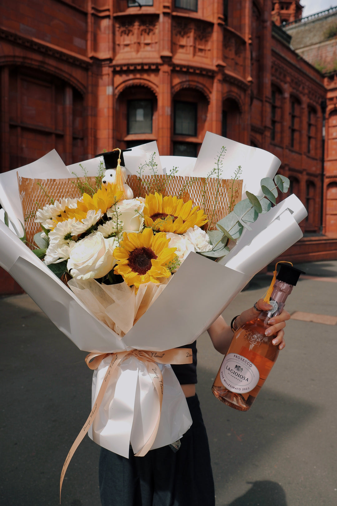 Graduation Fresh Bouquet: Mixed Sunflowers & White Flowers (Mini Teddy Bear inlcuded) | Daisy Florist