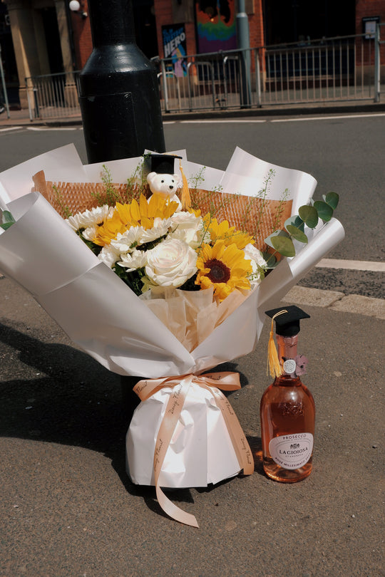 Graduation Fresh Bouquet: Mixed Sunflowers & White Flowers (Mini Teddy Bear inlcuded) | Daisy Florist