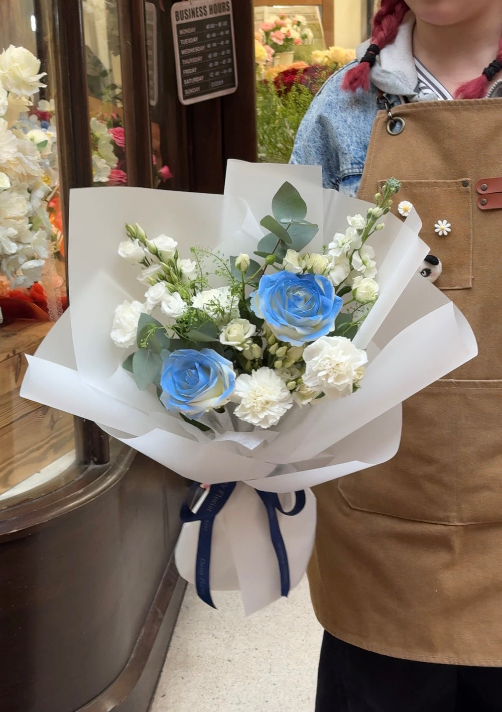 Blue Roses and White Fresh Flowers Bouquet