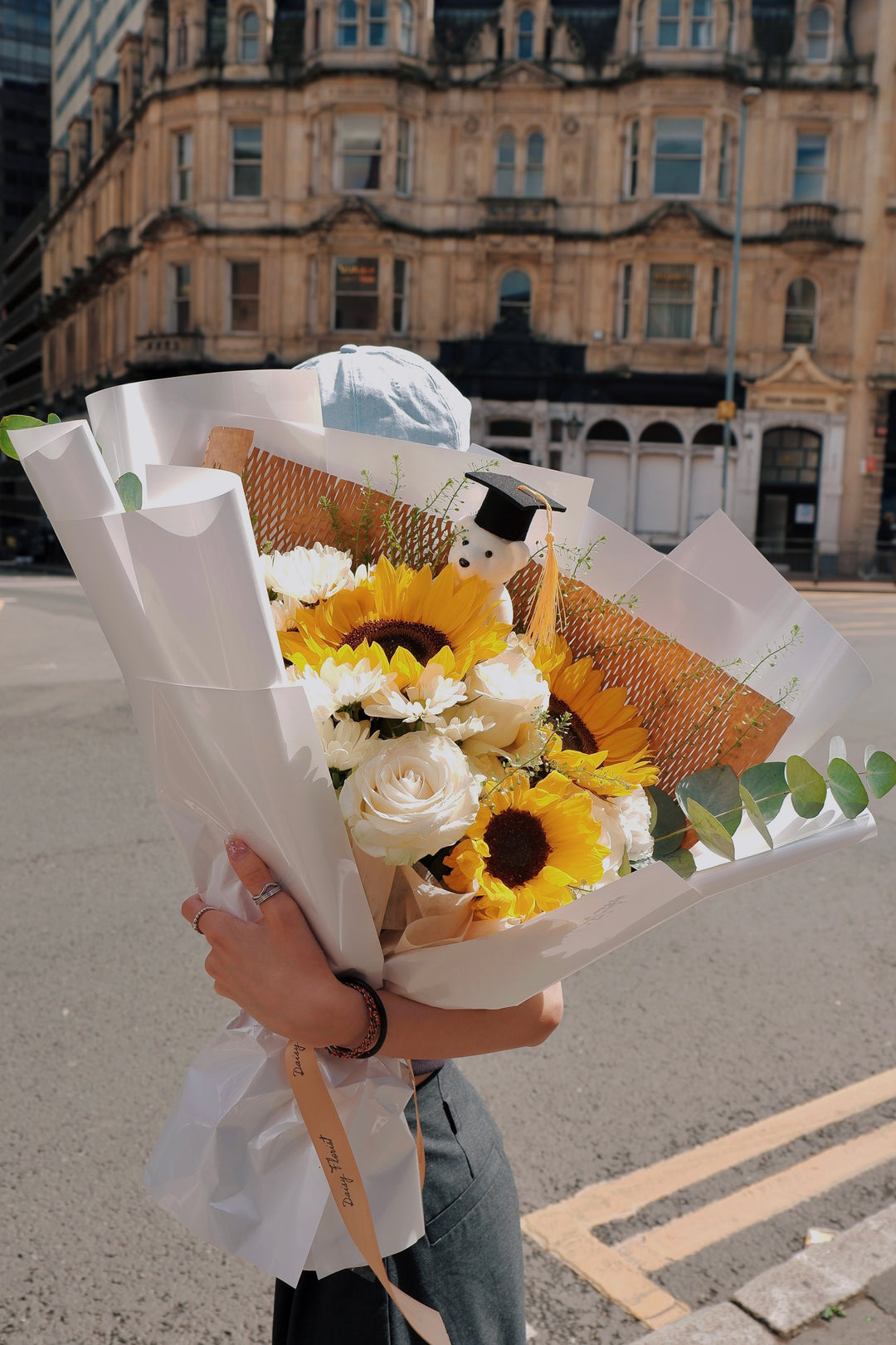 Graduation Fresh Bouquet: Mixed Sunflowers & White Flowers (Mini Teddy Bear inlcuded) | Daisy Florist