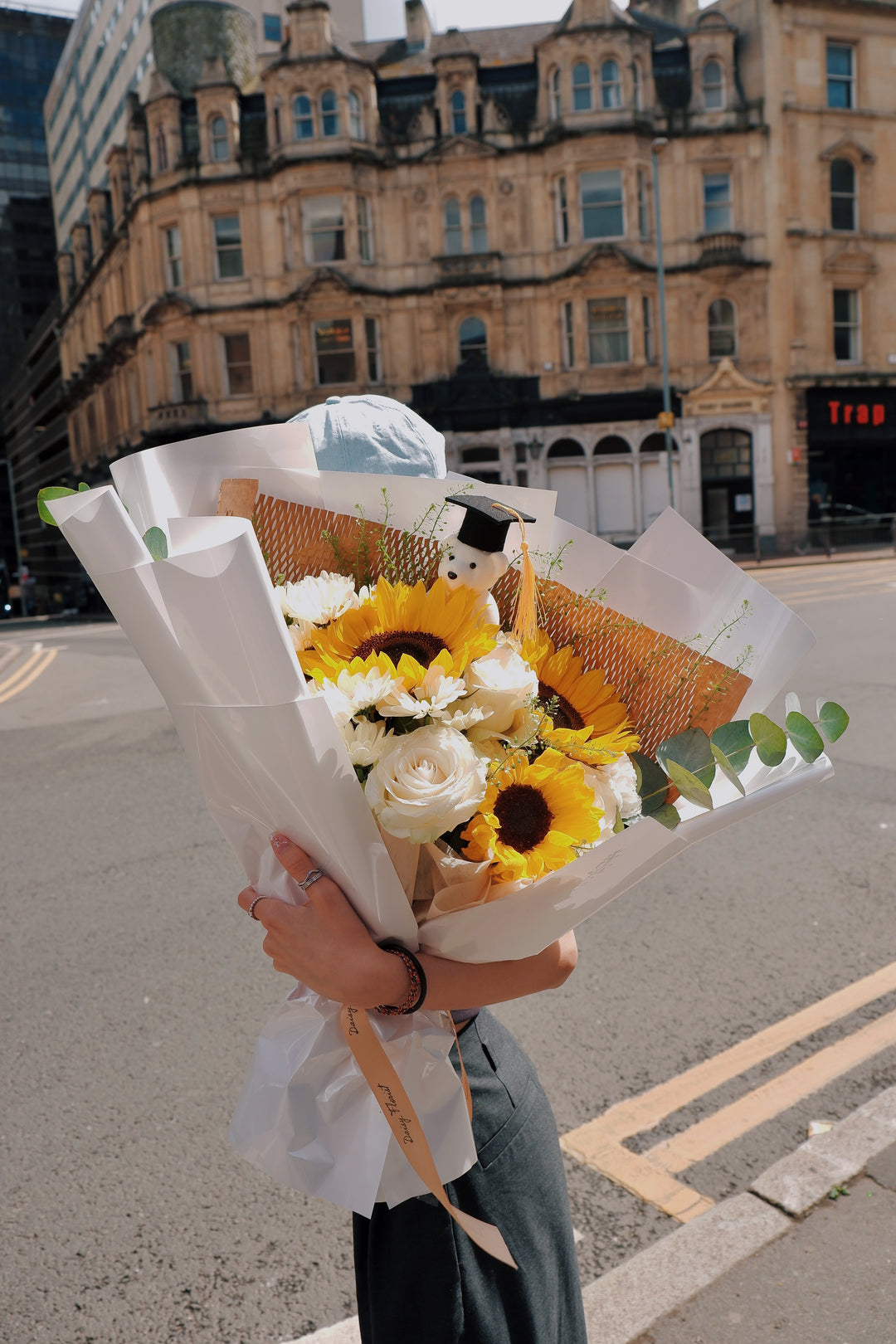 Graduation Fresh Bouquet: Mixed Sunflowers & White Flowers (Mini Teddy Bear inlcuded) | Daisy Florist