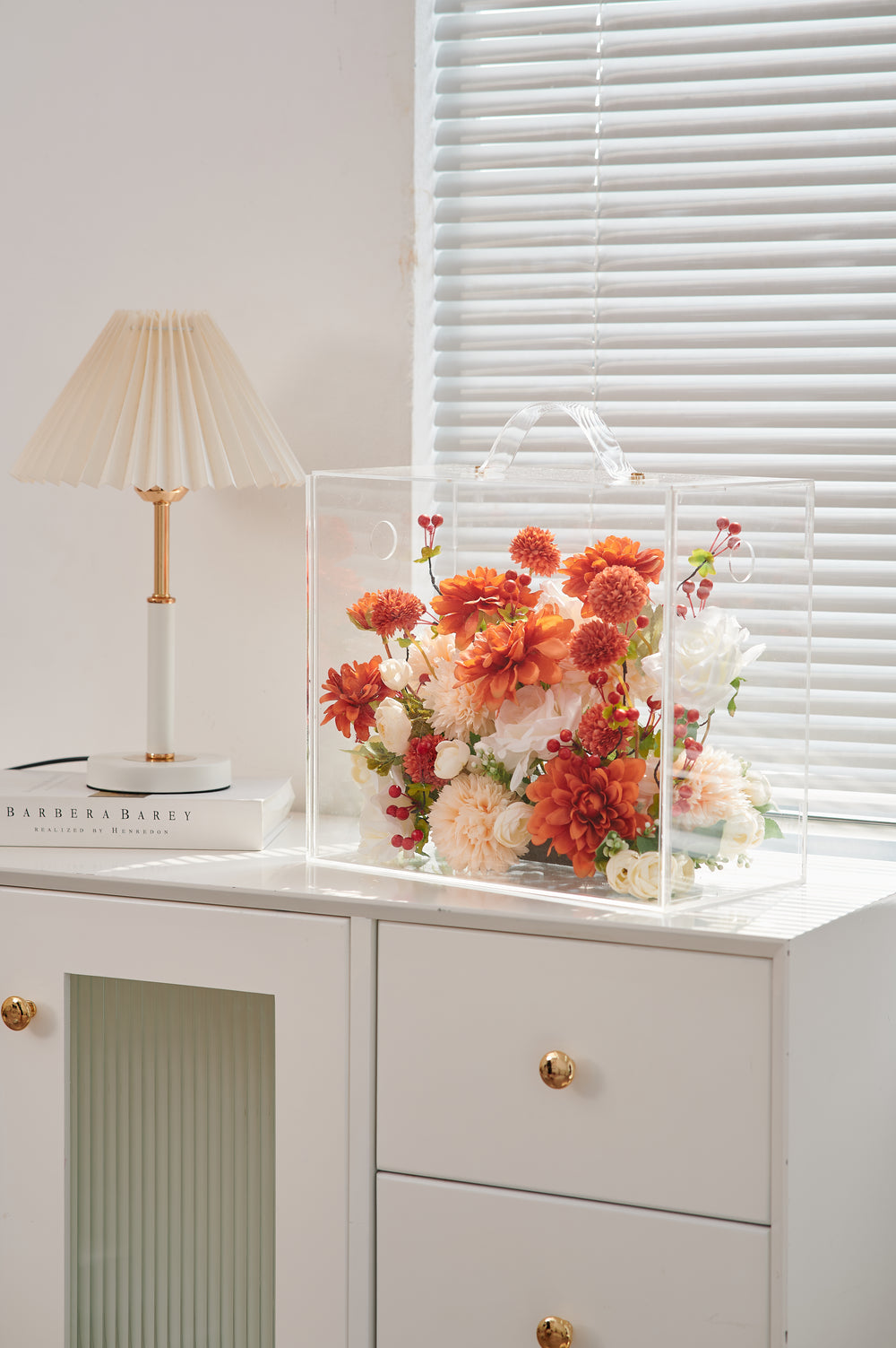 Artificial Flowers Mix Lush Orange & Cream Floral Mica Box | Daisy Florist
