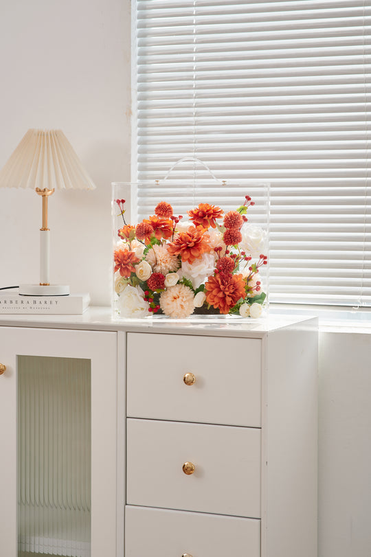 Artificial Flowers Mix Lush Orange & Cream Floral Mica Box | Daisy Florist