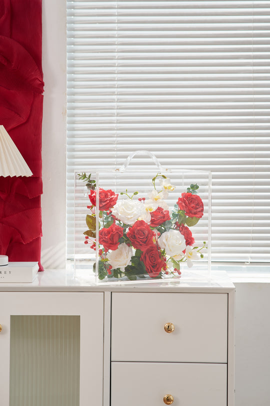 Artificial Flowers Mix Red & White Rose Floral Mica Box | Daisy Florist