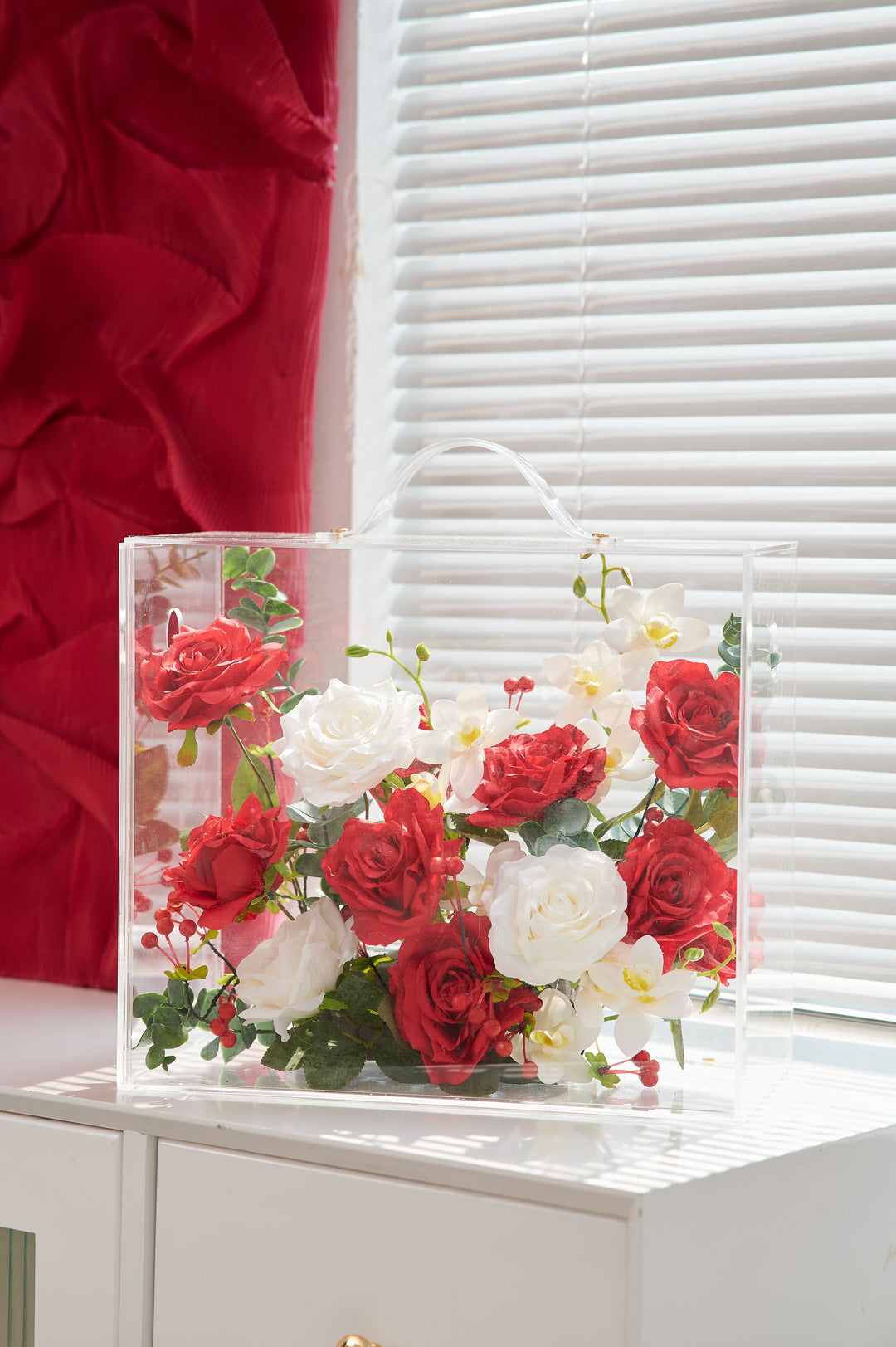 Artificial Flowers Mix Red & White Rose Floral Mica Box | Daisy Florist