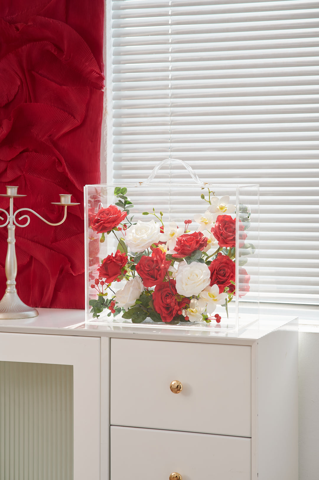 Artificial Flowers Mix Red & White Rose Floral Mica Box | Daisy Florist