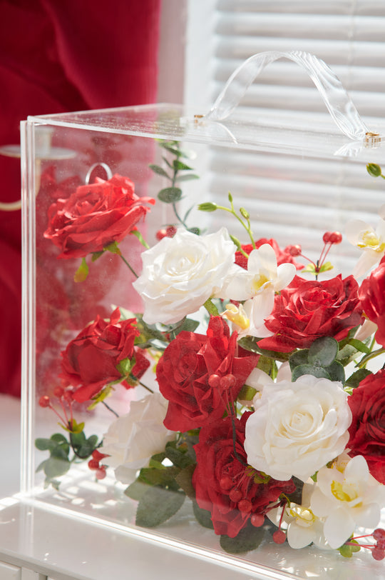 Artificial Flowers Mix Red & White Rose Floral Mica Box | Daisy Florist