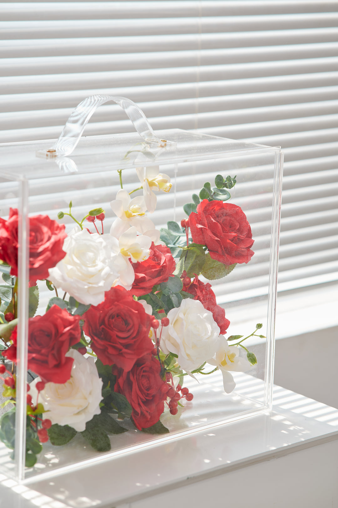 Artificial Flowers Mix Red & White Rose Floral Mica Box | Daisy Florist