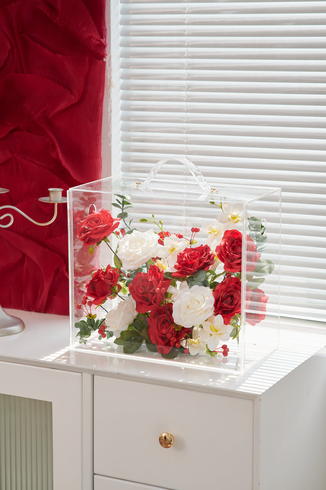 Artificial Flowers Mix Red & White Rose Floral Mica Box | Daisy Florist