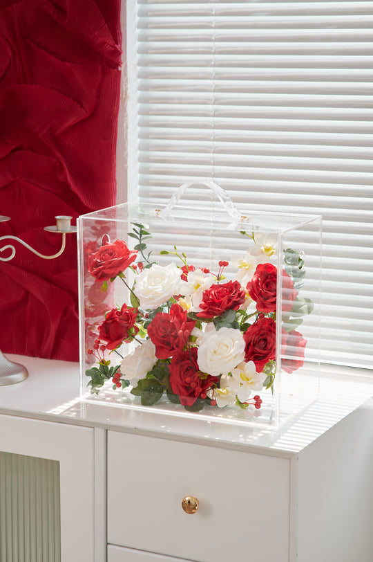 Artificial Flowers Mix Red & White Rose Floral Mica Box | Daisy Florist