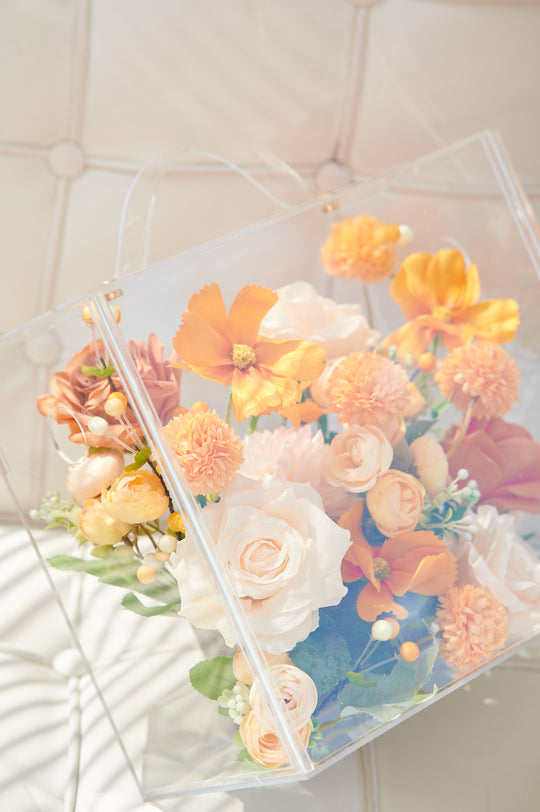 Artificial Flowers Mix Warm Orange and Peach Floral Mica Box | Daisy Florist