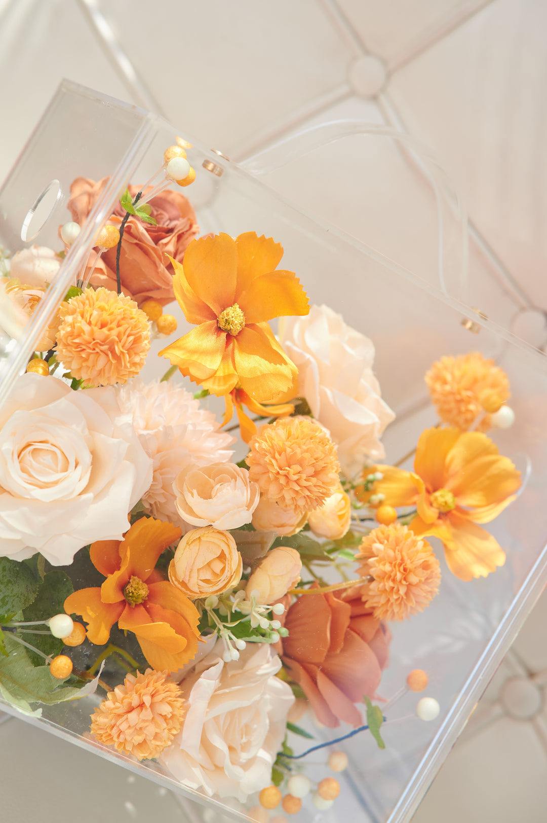 Artificial Flowers Mix Warm Orange and Peach Floral Mica Box | Daisy Florist