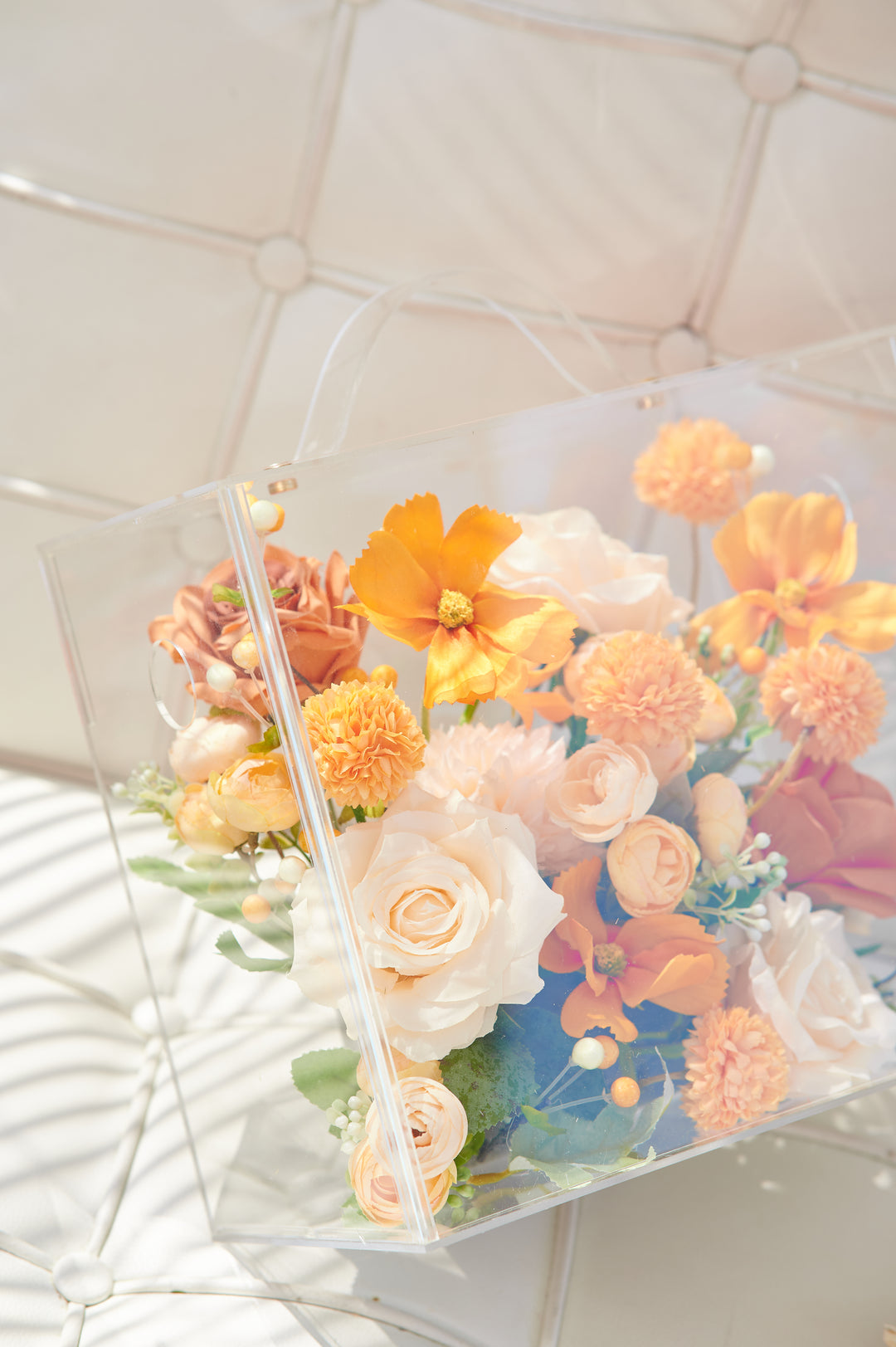 Artificial Flowers Mix Warm Orange and Peach Floral Mica Box | Daisy Florist