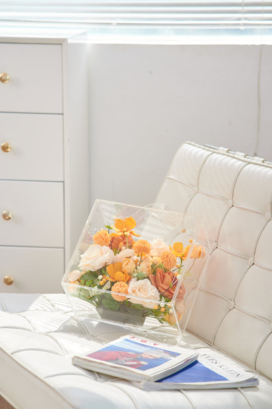 Artificial Flowers Mix Warm Orange and Peach Floral Mica Box | Daisy Florist