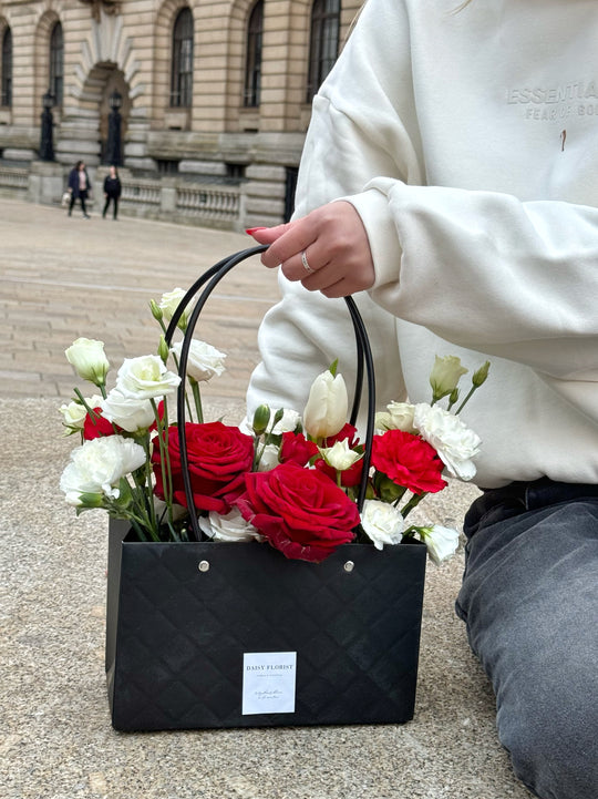 Red Roses and White Fresh Flower Mixed Arrangement in handbag | Daisy Florist
