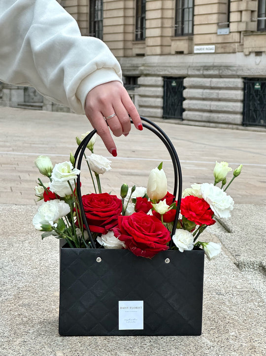 Red Roses and White Fresh Flower Mixed Arrangement in handbag | Daisy Florist