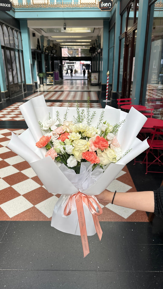 Mixed Bouquet: Bright Flowers in White Wrapping | Daisy Florist