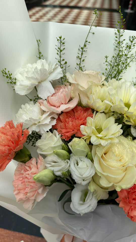 Mixed Bouquet: Bright Flowers in White Wrapping | Daisy Florist