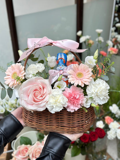 Fresh Flower Gift Basket with Chocolate Bunny for Easter - Ideal Springtime Surprise