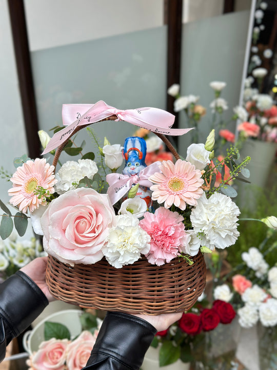 Fresh Flower Present Basket with Chocolate Bunny for Easter - Ideal Springtime Surprise