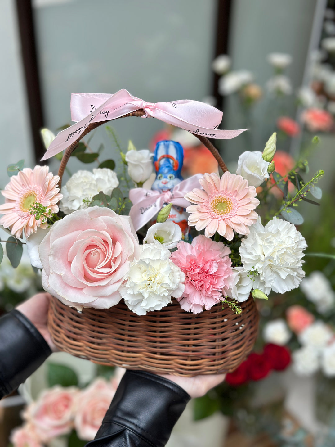 Fresh Flower Present Basket with Chocolate Bunny for Easter - Ideal Springtime Surprise