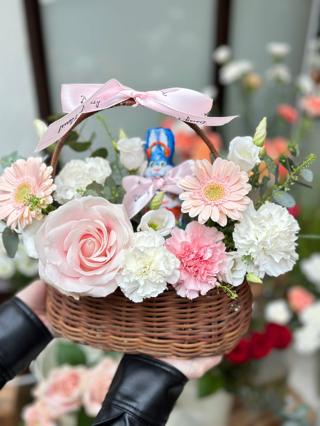 Fresh Flower Present Basket with Chocolate Bunny for Easter - Ideal Springtime Surprise