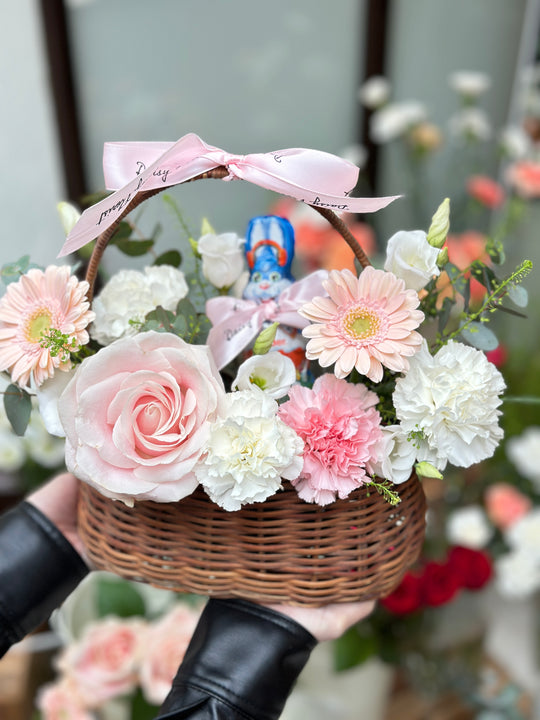 Fresh Flower Present Basket with Chocolate Bunny for Easter - Ideal Springtime Surprise