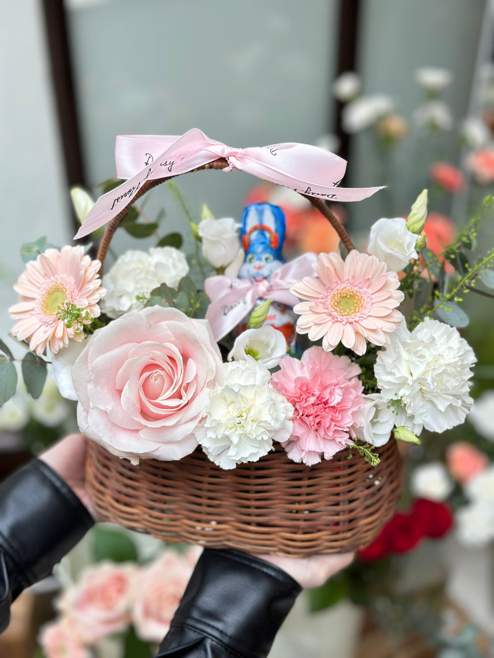 Fresh Flower Present Basket with Chocolate Bunny for Easter - Ideal Springtime Surprise