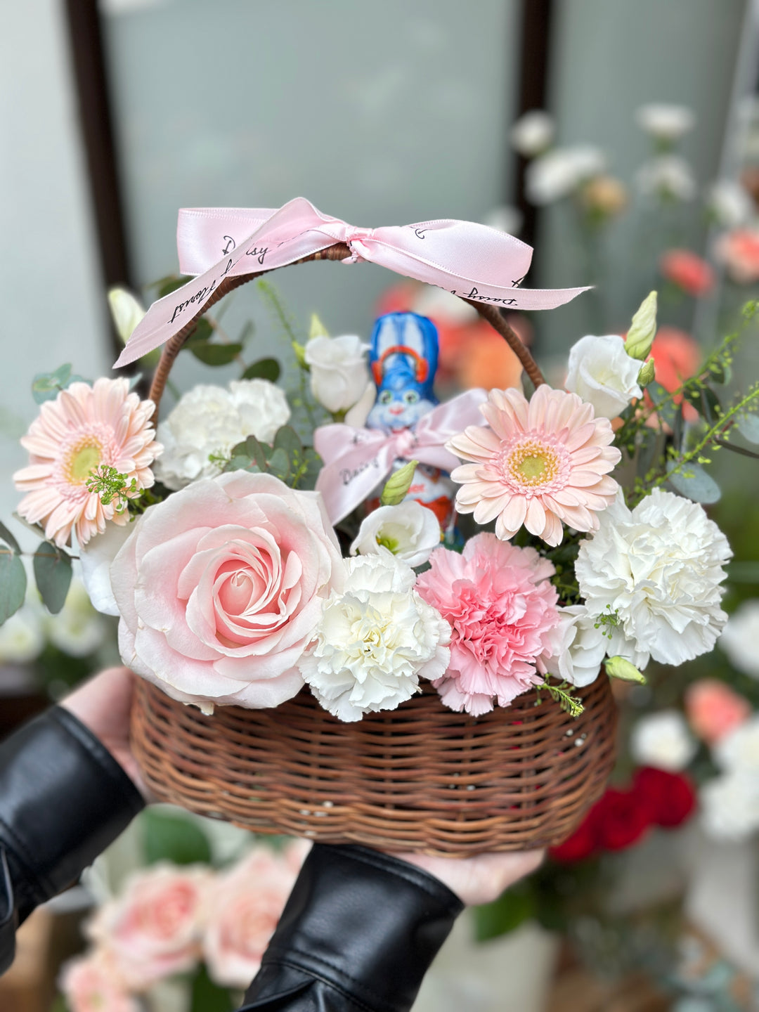 Fresh Flower Present Basket with Chocolate Bunny for Easter - Ideal Springtime Surprise
