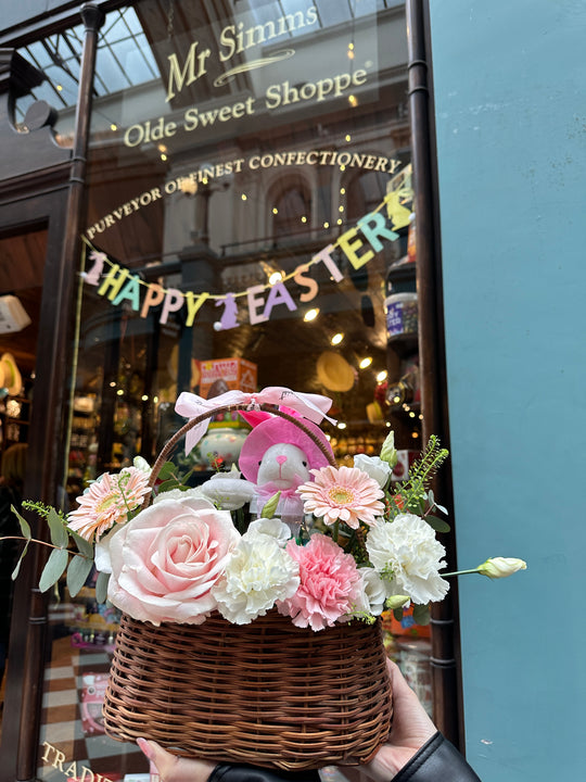 Fresh Flower Present Basket with Chocolate Bunny for Easter - Ideal Springtime Surprise