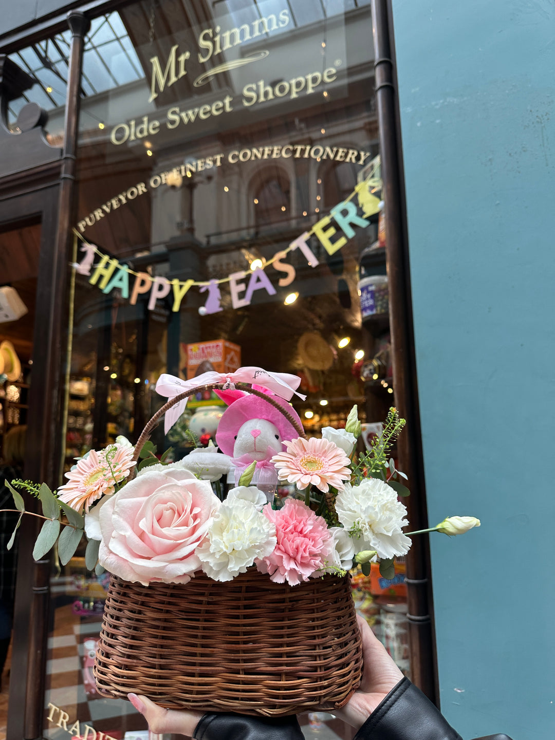 Fresh Flower Present Basket with Chocolate Bunny for Easter - Ideal Springtime Surprise