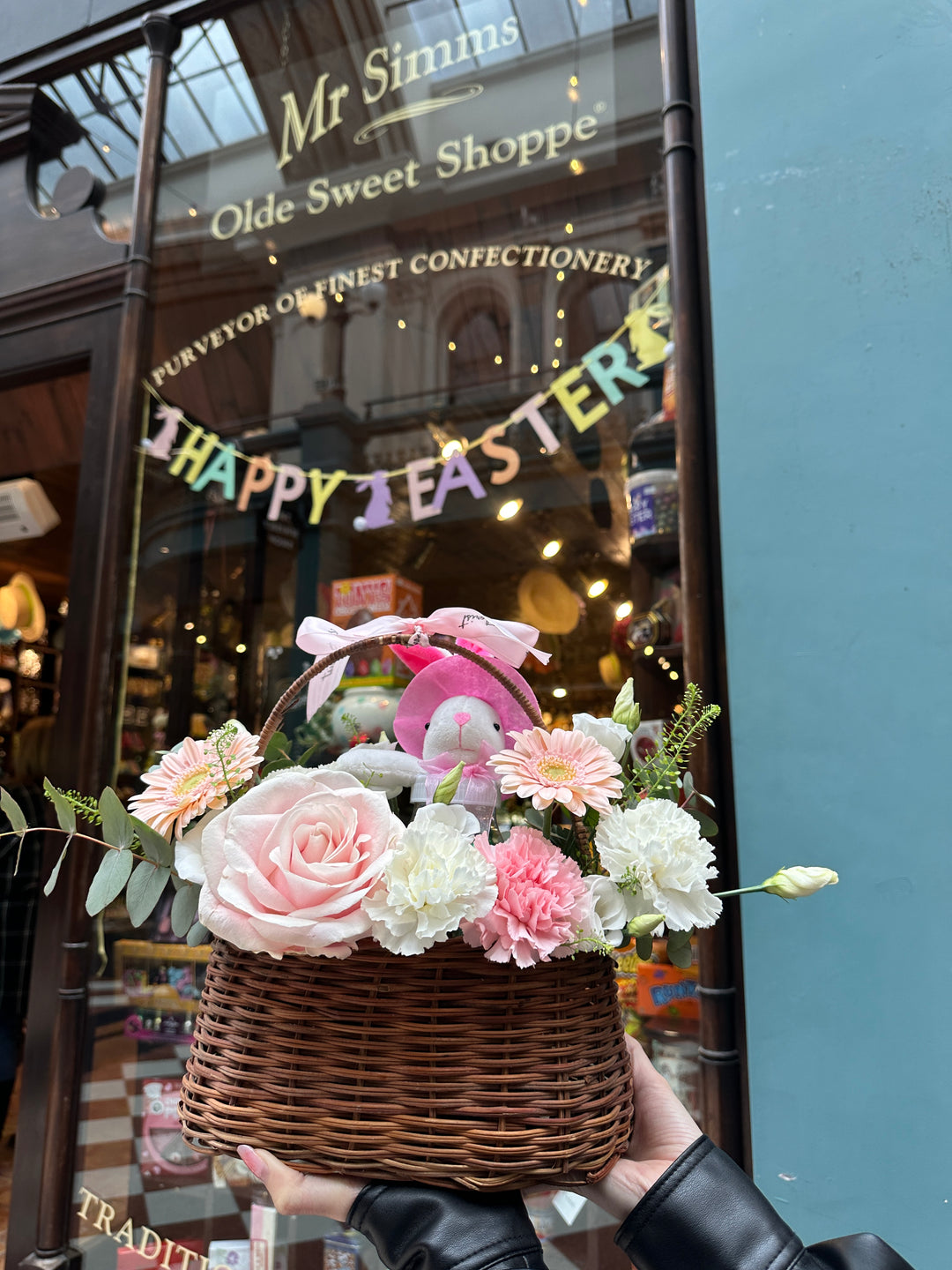 Fresh Flower Present Basket with Chocolate Bunny for Easter - Ideal Springtime Surprise