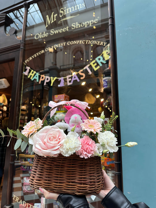 Fresh Flower Present Basket with Chocolate Bunny for Easter - Ideal Springtime Surprise