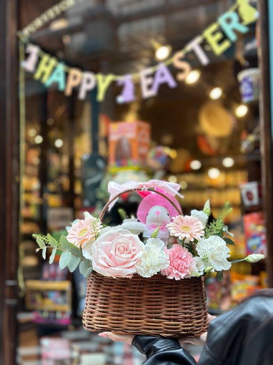 Fresh Flower Present Basket with Chocolate Bunny for Easter - Ideal Springtime Surprise