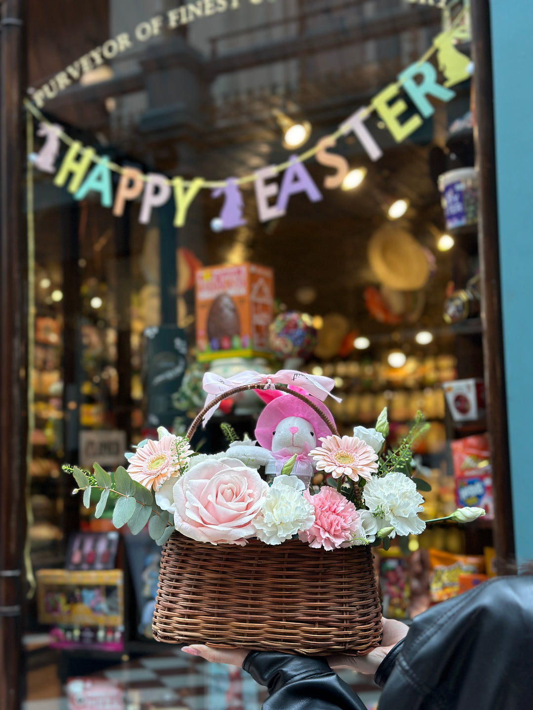 Fresh Flower Present Basket with Chocolate Bunny for Easter - Ideal Springtime Surprise