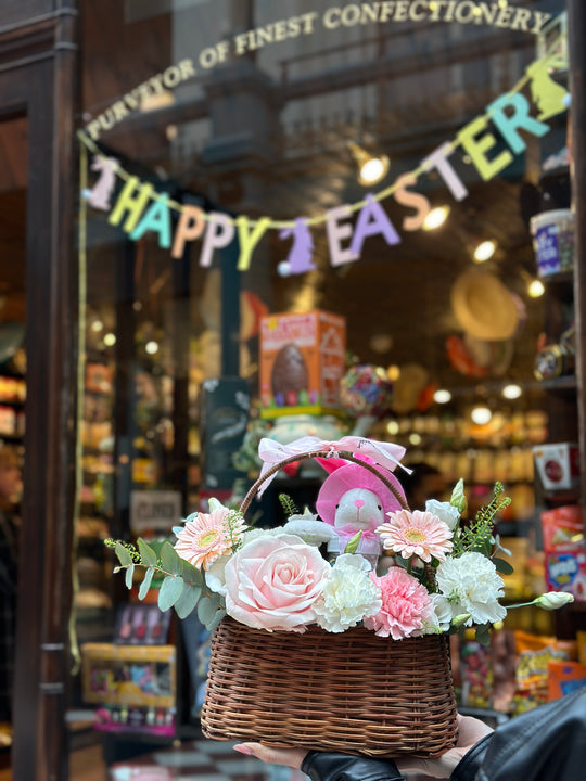 Fresh Flower Present Basket with Chocolate Bunny for Easter - Ideal Springtime Surprise