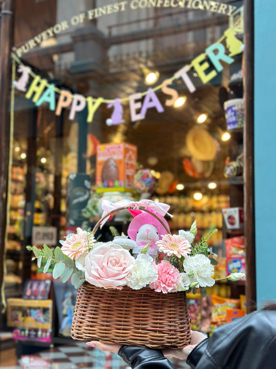 Fresh Flower Present Basket with Chocolate Bunny for Easter - Ideal Springtime Surprise