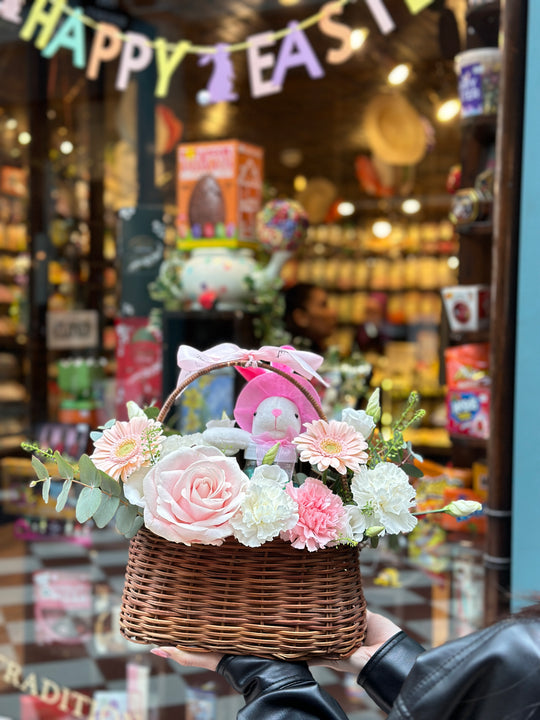 Fresh Flower Present Basket with Chocolate Bunny for Easter - Ideal Springtime Surprise