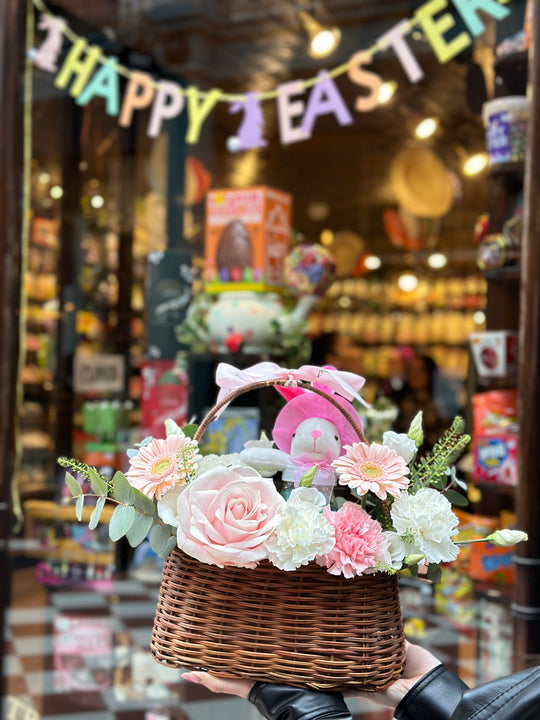 Fresh Flower Present Basket with Chocolate Bunny for Easter - Ideal Springtime Surprise