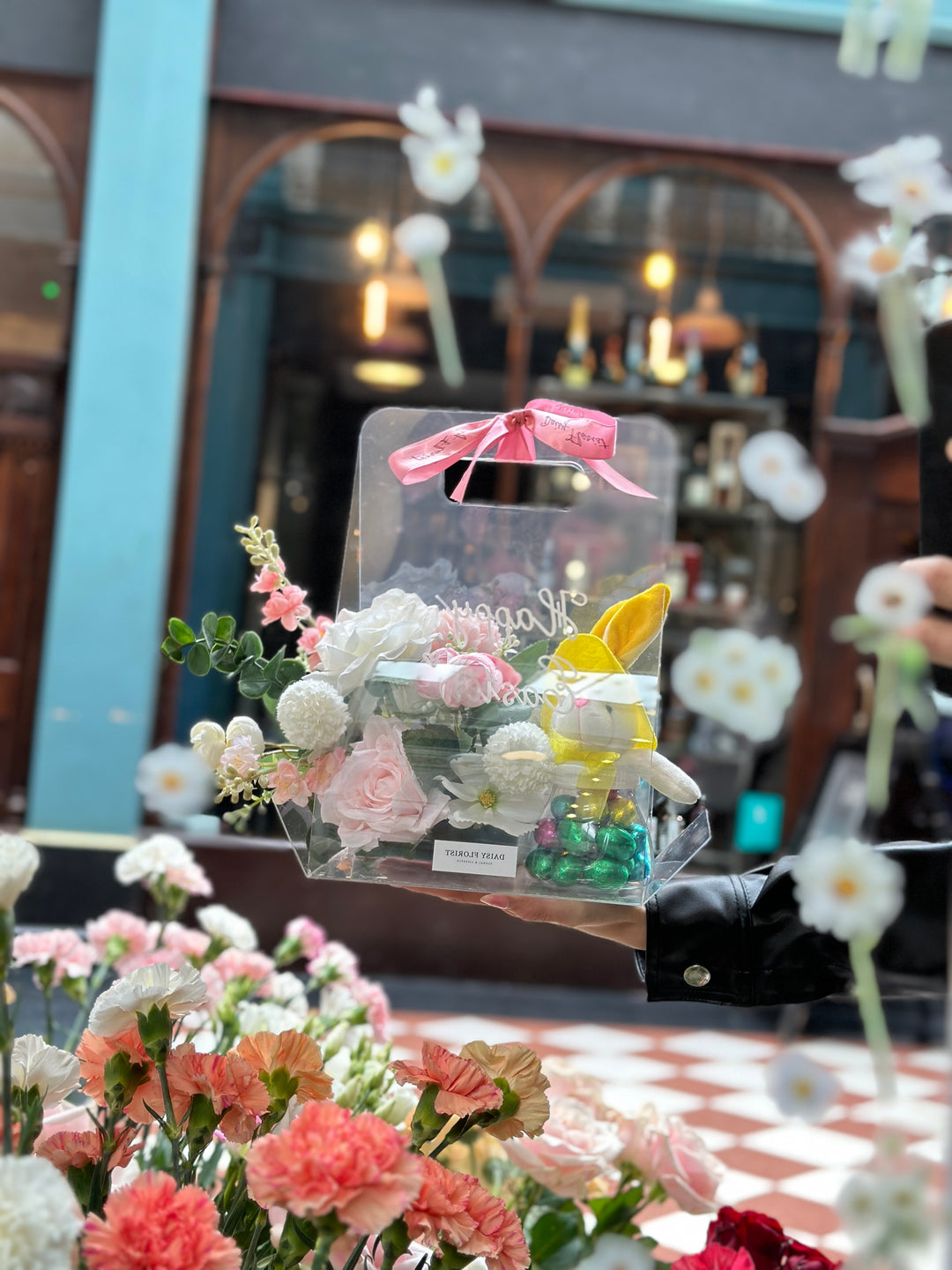 Fresh Flower Present Box with Chocolate Bunny for Easter - Ideal Springtime Surprise