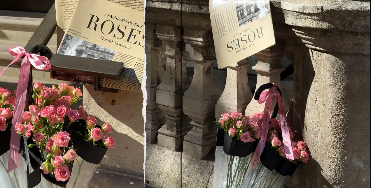 Bouquets of pink roses with ribbons on a stone ledge, accompanied by a newspaper.